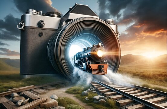 a giant camera from which a train is emerging
