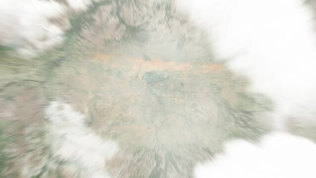 Earth zoom in from space to Dori, Burkina Faso. Followed by zoom out through clouds and atmosphere into space. Satellite view. Travel intro. Images from NASA