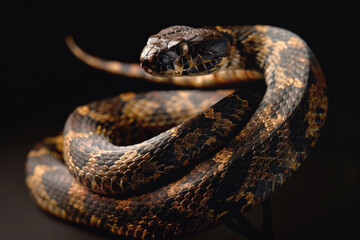 A purebred snake poses for a portrait in a studio with a solid color background during a pet photoshoot.- 769144345
