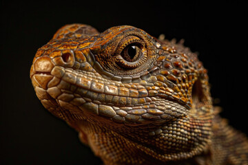 A purebred lizard poses for a portrait in a studio with a solid color background during a pet photoshoot.- 769144517