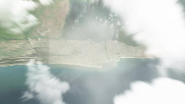 Earth zoom in from space to Cotonou, Benin. Followed by zoom out through clouds and atmosphere into space. Satellite view. Travel intro. Images from NASA