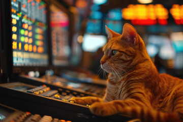 A cat, anthropomorphized, works diligently on stock trading with a computer screen.- 769144997