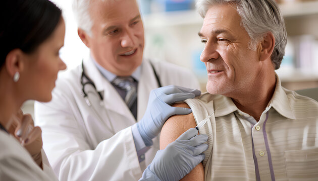 Mature doctor giving sporty man with joint pain injection in clinic