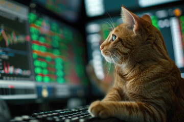 A cat, anthropomorphized, works diligently on stock trading with a computer screen.- 769145143