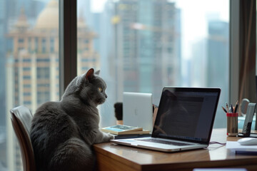 A cat sits by the window in an office skyscraper, next to a computer.- 769145149