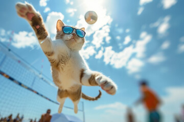 A cat plays beach volleyball with anthropomorphic flair, leaping into the air.- 769145150
