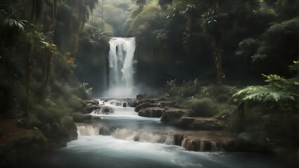 Waterfall in the jungle, forest nature landscape, summer travel photo - obrazy, fototapety, plakaty