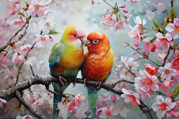 Two lovebirds were making sweet looks at each other while sitting on a branch covered with blossoms.