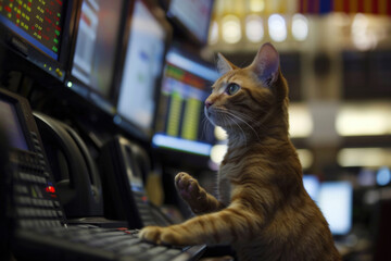 A cat, anthropomorphized, works diligently on stock trading with a computer screen.- 769145161