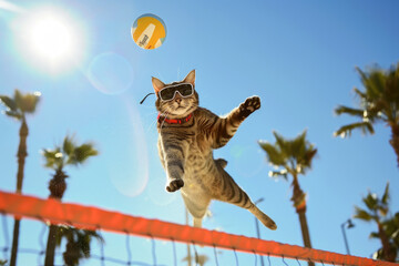 A cat plays beach volleyball with anthropomorphic flair, leaping into the air.- 769145195