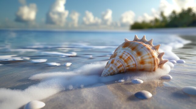 Seashell on the sandy beach. 3d render illustration.