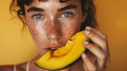 Confident woman with freckles and short hair eating a sliced mango, healthy lifestyle and self-care, Generative AI. - obrazy, fototapety, plakaty