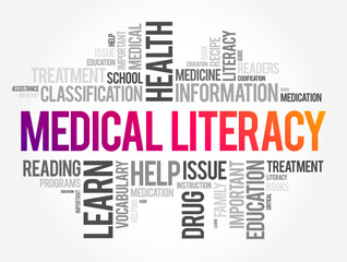 Medical Literacy is the ability to obtain, read, understand, and use healthcare information, word cloud concept background