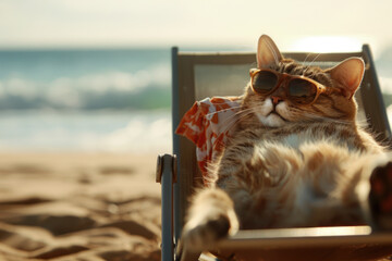 A cat lounges on the beach, embodying relaxation during vacation.- 769145780