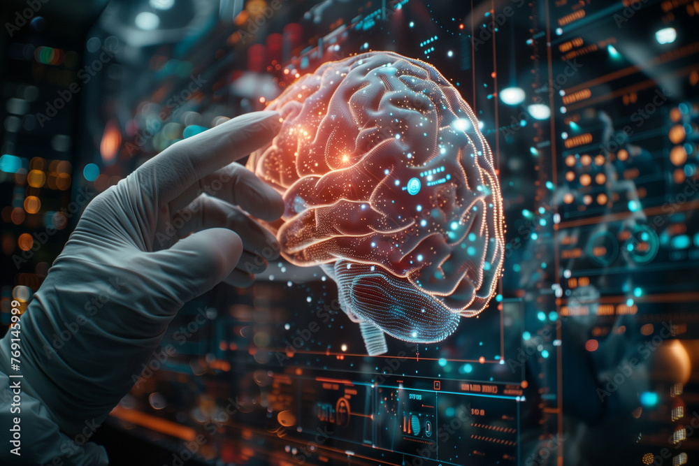 Poster Hand Touching Computer Screen Showing Brain Image