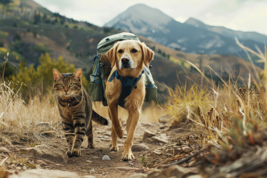 A cat and a dog hike together with backpacks as companions.

