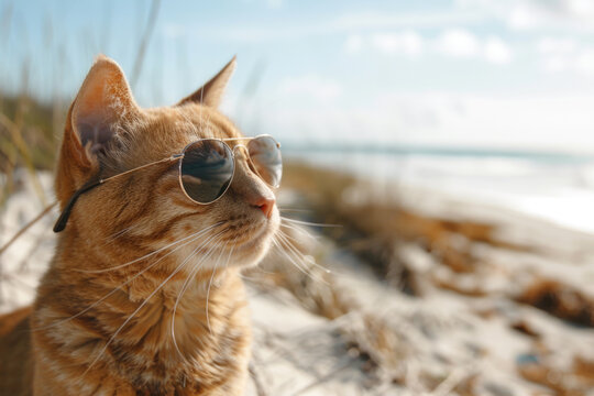 A cat lounges on the beach, embodying relaxation during vacation.


