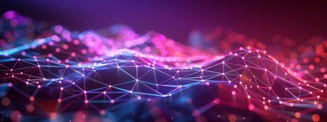 Banner with violet-pink abstract background with a network grid and particles connected.Sci-fi digital technology with line connect network and data graphic background. Abstract polygonal wallpaper - obrazy, fototapety, plakaty