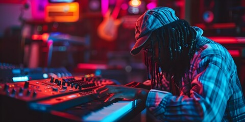 Young rapper multitasking in a studio: playing keyboard, producing music, and recording audio. Concept Music Production, Recording Studio, Multi-Instrumentalist, Young Rapper, Creative Process - obrazy, fototapety, plakaty
