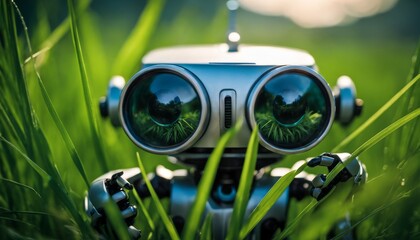A small, adorable robot with large eyes peeks out from lush green grass, its binocular-like eyes reflecting the environment.