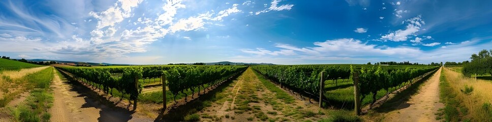 Green fields with rows of grapevines for harvest. Wine plantations. - obrazy, fototapety, plakaty