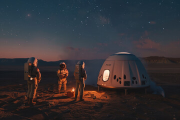Astronauts gather around a campfire on Mars, roasting marshmallows at dusk during a camping trip.- 769146591