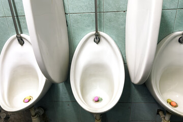 A dirty urinal basin in a washroom indoors 