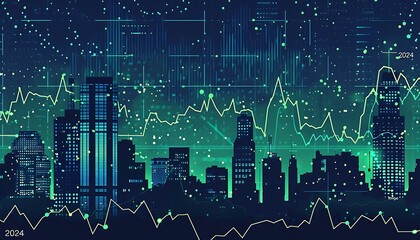 Business Stocks Trading Graphs & Charts: Stock market or forex trading graph in graphic double exposure with futuristic city. Stock trading charts graphs concept. Generative AI