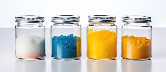 Four drinkware containers filled with various colored powders are arranged on a table for a science experiment