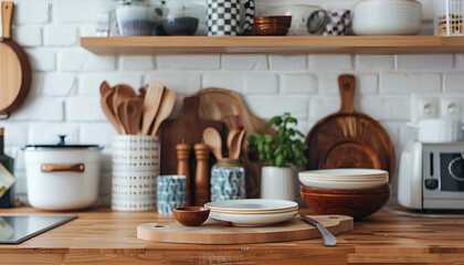 Fototapeta na wymiar Interior of stylish kitchen with utensils and dinnerware on counter