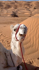 Close up of a dromedary camel (Camelus dromedarius) with a red halter in the Sahara Desert, outside...