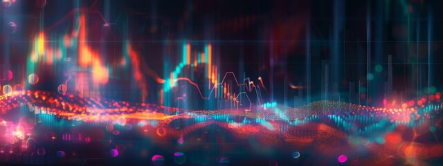 Abstract visualization of market volatility with dynamic glowing financial graphs on a dark background, signifying economic fluctuations -  - obrazy, fototapety, plakaty