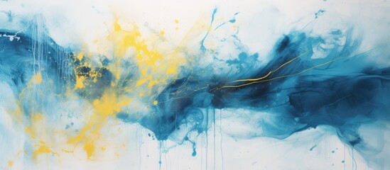 A detailed closeup of a painting featuring electric blue and yellow colors resembling a cumulus...