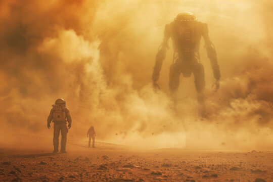 Confrontation between astronauts and massive extraterrestrial beings on Mars.

