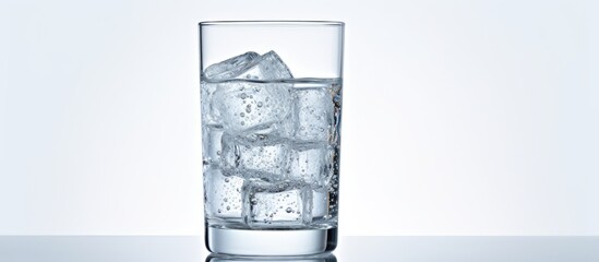 Glass filled with clear liquid and frozen cubes of ice, creating a refreshing and cool beverage