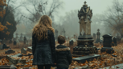 Grieving duo at cemetery plot,generative ai