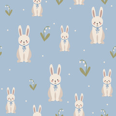 Rabbit seamless pattern, easter bunny hand drawn cute kids background, vintage retro pallete	