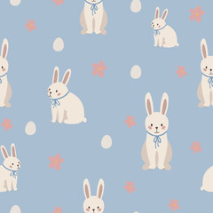 Rabbit seamless pattern, easter bunny hand drawn cute kids background, vintage retro pallete	