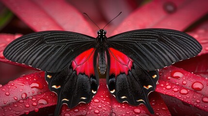 a black and red butterfly sitting on top of a pink flower with water droplets on it's wings and wings.