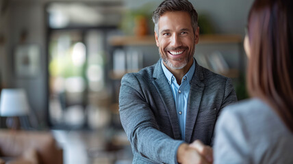 Fototapeta premium Realtor greets excited buyers, negotiating first house purchase.generative ai