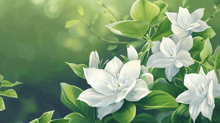 illustration of delicate fresh white flowers with gentle petals blooming in garden, Generative AI.