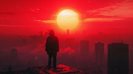 Foto auf Acrylglas Antireflex Urban Sunrise Wanderer Red Background. © Custom Media