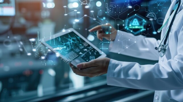 doctor typing on tablet at work .Medical health care hologram, Teamwork concept, information technology.