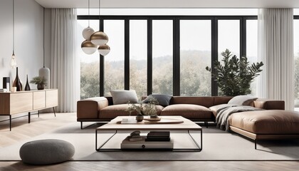 A stylish and spacious living room with contemporary furniture, large windows offering a view of autumnal trees, and a harmonious neutral color palette.