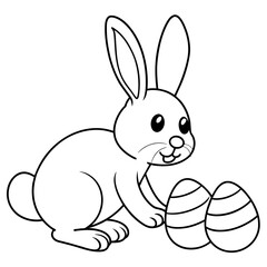 Find your easter egg, cute rabbit finding easter eggs in clean line art for coloring pages, black lines, no shadow, no color silhouette vector art Illustration