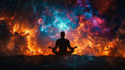man sitting in lotus position, soul in the shape of a glowing crystal, space background, high quality image,generative ai - obrazy, fototapety, plakaty