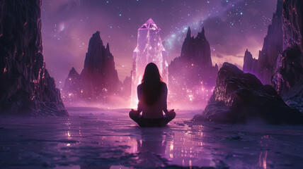 man sitting in lotus position, soul in the shape of a glowing crystal, space background, high quality image,generative ai