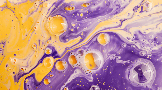 Purple and yellow soap bubbles in paint create an abstract design suitable for a colorful background, Generative AI.