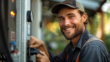 man electrician smiling and installing a home charging ,generative ai