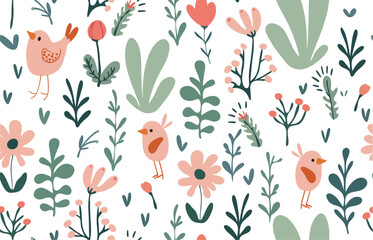 Seamless vector pattern with hand drawn chicken and flower.